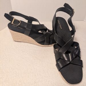 Cole Haan Crystal Black Leather Slingback Wedge Heel Sandals